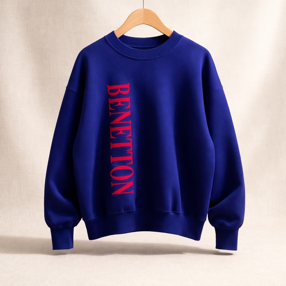 BENETTON Sweatshirt Cotton Knit Crewneck Logo Graphic Pullover